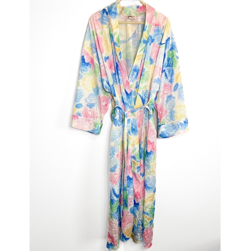 Vintage‎ Pastel Floral Robe M/L Rainbow Maxi Kimono Lounge Unique Romantic